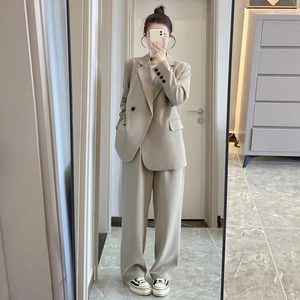 Женские брюки из двух предметов, осенний брючный костюм, офисные женские комплекты с пиджаком, корейский свободный серый костюм, куртка с высокой талией и широкими штанинами, 2 комплекта женской одежды