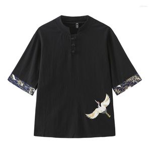 Camisetas masculinas estilo chinês Manga curta Camiseta linho de algodão vintage Casual camisa bordada de bandeja de bandeja de tamanho grande homens