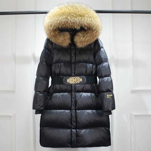 Large Real Raccoon Fur Hooded Shiny Waterproof Long Puffer Jacket Women's Winter Thick Duck Down Coat Female Parkas Belt