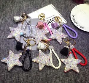 Key Rings Fashion Diamond Crystal Star Tassel Keychain Handbag Car Keyring Women Diamante Star Key Buckle Key Chains Jewelry Girls J230413