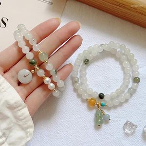 Charm Bracelets Natural Jadeite Stone Bracelet For Women With Hanging Gourd And Bell Flower Beads Pendant Charming Fashion Jewelry