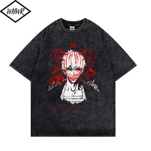 メンズTシャツハラジュクレトロウォッシュメンズトップスブリーチアニメホーンプリントTシャツヒップホップTシャツストリートカジュアルティーY2K服230413