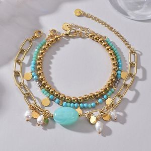 Strand Aneebayh Bohemian Blue Natural Stone Pärl Rostfritt stålpärlor kedjearmband set för kvinnor 14 k guldpläterad smyckespresent