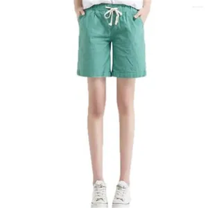 Calças femininas na altura do joelho shorts de linho reto respirável plissado monocromático meados elástico cintura verão moda