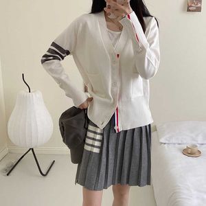 TB Designer Trend Tom Sweaters Early Spring Women S V Neck Knitted Cardigan Slim Sweater Medium Length Small Coat White Loose Contrast Color Design Sense Top
