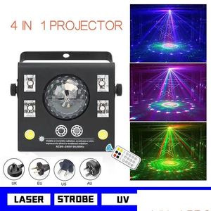 Illuminazione laser Dj Light 4 in 1 Effetto misto Lampada a LED con motivo Lampade stroboscopiche con telecomando Luci da palcoscenico attivate dal suono Dmx Home Dhpr9