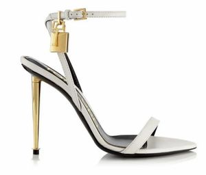 Summer Perfect Sandals Metal Padlock smal Word Band High-Heeled Sandal 10.5 cm Women's Leather High-Heeled Shoes Original Box Transportation