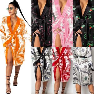 Desinger Clothing Women Casual Dresses US Dollar Print Homewear Coat Bandage Long Dress Sexy Cardigan Loose Robe Bathrobe