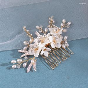 Hair Clips Gold Color Exquisite Handmade Ceramic Flower Bridal Headdress Pearl Rhinestone Women Comb Accessory Prom Wear Gift