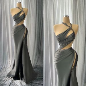 2023 Designer Grey Mermaid Prom Dresses Halter Beaded High Split Satin Custom Made Floor Length Evening Gown Formal Ocn Wear Vestidos Plus Size 403 403