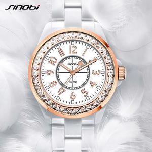 2023 SINOBI Fashion Women Diamonds Write Watches Imitation Ceramics Watchband Top Brand Dress Ladies Geneva Quartz Clock