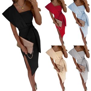 Elegantes Bürokleid für Damen, modisch, sexy, eine Schulter, Rüschen, figurbetontes Midi-Cocktailkleid, solide Kleider mit hohem Schlitz