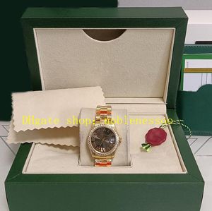 Riktigt foto Kvinnor med Box Watch for Women 31mm 18K Yellow Gold Roman Dial 68273 Diamond Bezel 904L Steel 2836 Movement Automatic Ladies Armband Watches