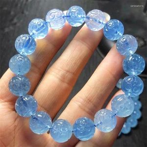 Bangle Natural Aquamarine Fretwork Bead Bracelet Fashion Women Healing Jewelry Gemstone Reiki Energy Stone Holiday 1PCS 12MM