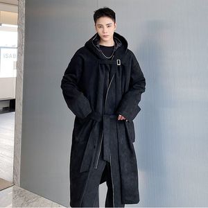 Męskie okopy płaszcze jesienne zimowi mężczyźni zamszowi długi płaszcz z kapturem wiatrówek japońsko -streetwear moda luźna czarna płaszcz płaszcz płaszcz 230413