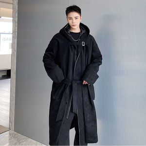 Herren Trench Coats Herbst Winter Männer Wildleder Langer Kapuze -Mantel Windbrecher Japanische Streetwear Fashion Lose Black Coat Jacke Overtock 230413