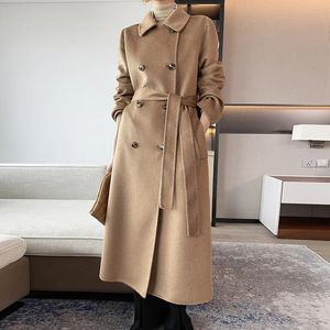 Женское полушерстяное пальто высокого качества из 100% кашемира, женское длинное кашемировое пальто цвета водной ряби верблюжьего цвета, женское непринужденное модное повседневное мягкое удобное 231102