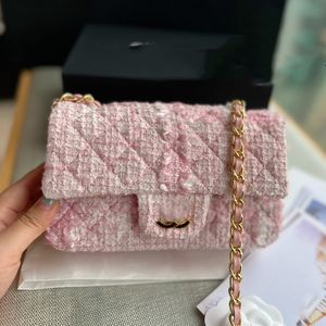 CF Wool Bag Fashion Womens Shoulder Bag 20cm Tweed Gold Hardware Metal Buckles Luxury Handbag Matelasse Chain Crossbody Bags Cherry Blossom Pink Designer Sacoche