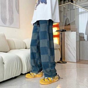 Plaid raka ben jeans män våren och hösten ny Hong Kong vindtrend plankton stilig hip hop wide ben löst casual byxor q231113