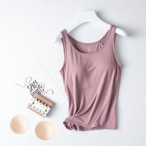 Camisoles Tanks inbyggda BRA -tankar Kvinnor Casual Wide Strap Basic vadderad Camisole ärmlös topp shaper med avtagbar hyllbh 230413