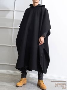 Casacos de trincheira masculina solta casaco preto moda de moda irregular com capuz Autumn e inverno Manga longa Windbreaker roupas vintage s5xl 230413