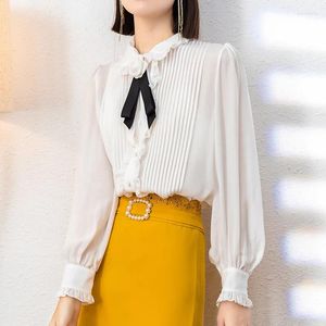 Women's Blouses Women Tops Silk Floral Printed Office Formal Casual Shirts Plus Large Size Spring Summer Sexy Femme White Pleated Lace