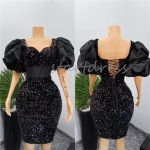 Glitter afrikansk svart aftonklänning 2024 elegant mantel mini paljett cocktail klänning korta ärmar svarta flickor prom klänning födelsedag hemkomst gradering seniorfest
