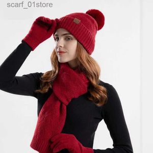 Hats Scarves Sets COKK Winter Set Hat Gs Scarf Woman Knitted Velvet Keep Warm Accessories Three Piece Set Ear Protection With Faux Fur PompomL231113