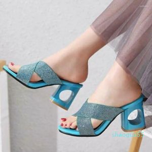 Slippers Women Sandals Block Cheels equins peep hee summer party Shoes Hollow Fish Mouth buckle High Plus SZ 34-48