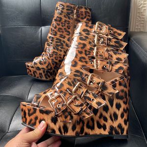 Olomm Hot Women Platform Sandals Patent Backle Strap Wedges Heels Round Toe BeautifulLeopard Cosplay Shoes US Plus Size 5-20