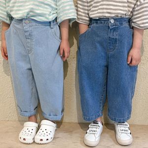 Jeans vårbarn färg småbarn stil avslappnad solid lös jeans koreanska byxor denim barn 230413