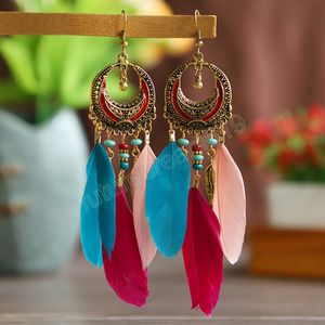 Bohemian Long Feather Leaf Dangle Earrings For Women Beach Beaded Handmade Geometric Drop Wedding Earrings Pendientes