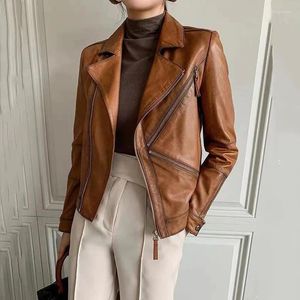 Skóra damska 2023 LEATHER Płaszcz jesień kobiety oryginalna kurtka Krótka naturalna owcza skóra Slim Fit Office Panie Prace Vintage Zip M.