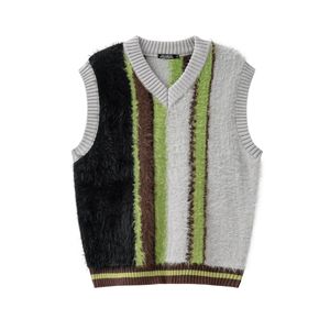 Retro Sweater Vest Contrasting Stripes Patchwork V-neck Knitted Oversized Sleeveless Knit Pullovers Unisex