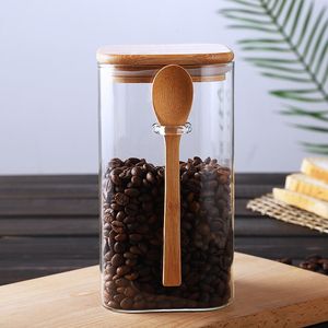 Food Jars Canisters Japanese Style Square Glass Sealed Storage Jar with Wooden Spoon Seasoning Box Coffee Bean Cans Household Milk Powder Tea Cans 230413