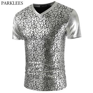 Erkek Tişörtler Parlak Gümüş Metalik Gece Kulübü Giyim Tişörtlü Erkekler Geometrik Desen Stage Balo Tişörtleri Erkek İnce Fit V Boyun T-Shirt Homm 230413