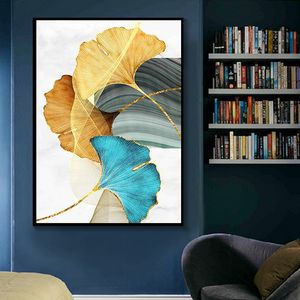 Blau Grün Gelb Blattgold Pflanze Blume Leinwand Poster Drucken Nordische Abstrakte Wandkunst Malerei Moderne Wohnzimmer Dekor Bilder