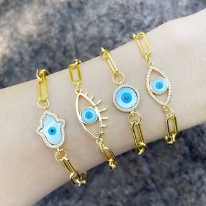 Real Gold Plated Fatima Hand Evil Eye Charm Copper Chain Bracelet Jewelry for Man Woman