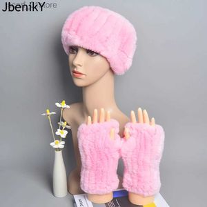 Chapeaux et foulards ensembles un ensemble femmes réel Rex fourrure de lapin manchette + bandeau hiver plus chaud chapeau bras poignet manches Gs femme vraie fourrure C + bracelet élastique L231113