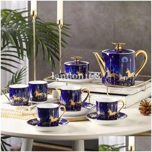 Coffee Tea Sets Luxurious Golden-Rimmed Blue Color Carousel Set Bone China Cups And Saucers Porcelain 15 Pcs Ceramic Tableware Gif Dh8Tt