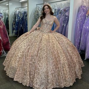 Blowly Rose Gold Ball Suknia Quinceanera Sukienka z łukiem ukochana koralika kryształowy przyjęcie urodzinowe Sweet 15 vestidos de 15 anos