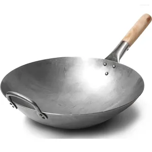 Pans Craft Wok Traditional Hand Hammered Carbon Steel Pow With Wooden And Helper Handle (14 Inch Round Bottom) / 731W88