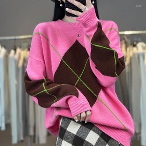 女性用セーターメリノウールの服Oネックプルオーバーファッション韓国色ブロックトップルーズ大きな肥厚秋 /冬