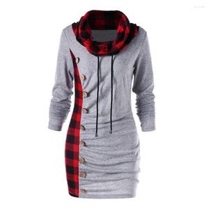 Women's Hoodies Women Plaid Dress Winter Thick Long Sleeve Casual Vintage Party Scarf Collar Buttons Femme Large Size Sweatershirt