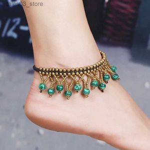 Anklets European and American Bohemian Retro Female Anklet Round Beads Semi-precious Stones Hand-woven Beach Holiday Women's Anklet Q231113