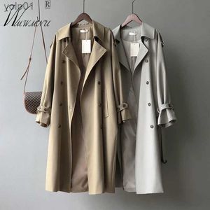 Kopa damski Classic Khaki Long Trench Coats Women Oversize Korean Fashion Belt Breaker Fall Spring Ondecoat podwójny piersi Gabardil231113