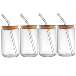 Bicchieri da vino Barattolo di vetro 4 pezzi Tazze con coperchio in bambù e cannuccia di vetro Design a bocca larga Portatile per tè freddo con succo di caffè freddo