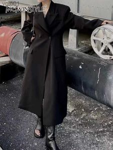 Kvinnors trenchockar Twotwinstyle Elegant Black Trench Coat for Women Lapel Long Sle Double Breasted Solid MinimalSit Coats Fe Clothing 2022L231113