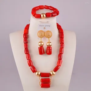 Halsband örhängen set est nigerianska korallpärlor röda smycken afrikan