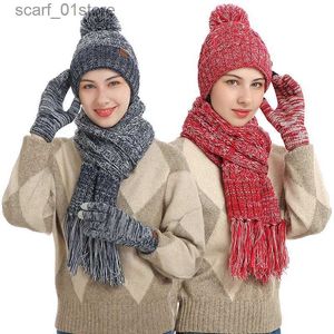 帽子のスカーフセット女性冬の暖かいセットフリースビーニーテレフィンガーgs厚いスカーフウーレン糸ニットffler hat neckerchiefl231113